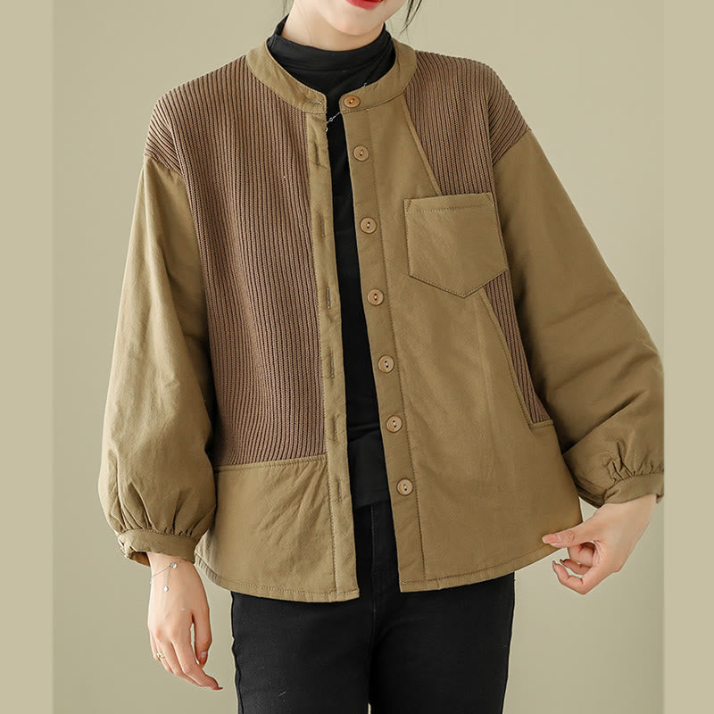 Buddha Stones Commute Plain Patchwork Design Women's Cotton Long Sleeve Jacket With Pocket
