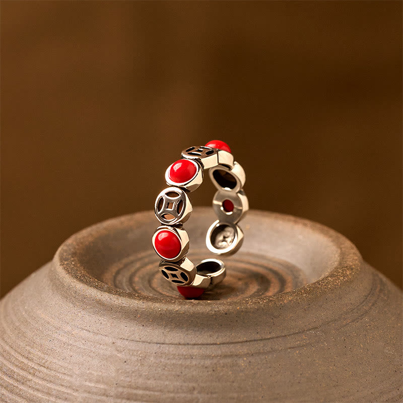 Buddha Stones Jade South Red Agate Copper Coin Prosperity Luck Open Ring