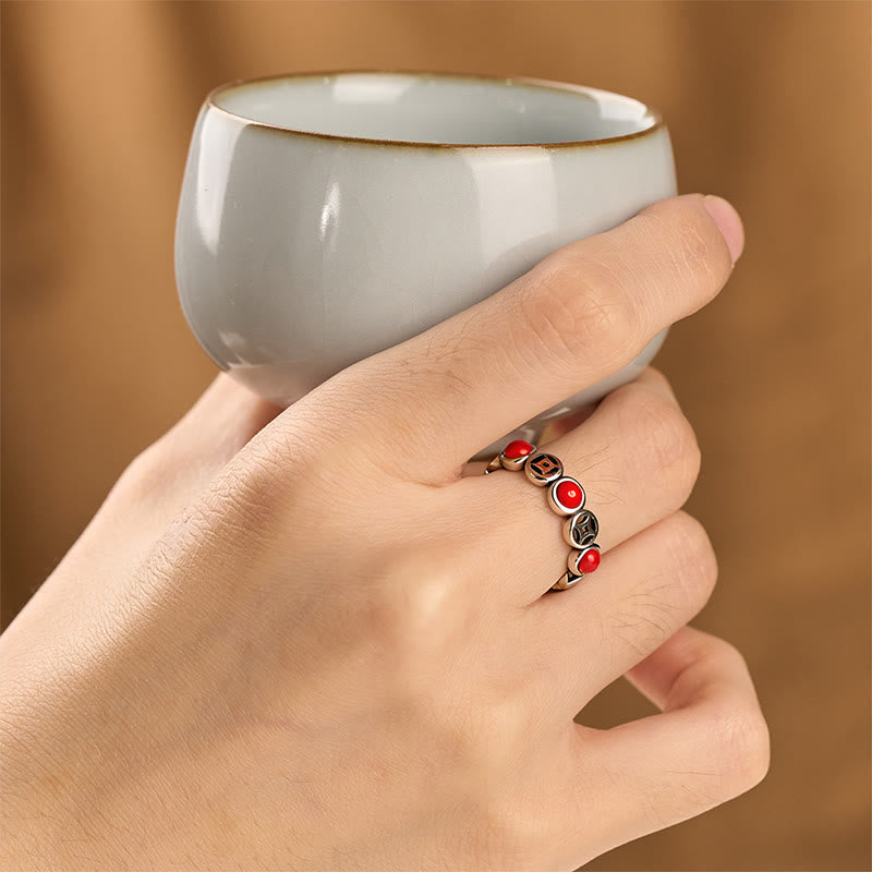 Buddha Stones Jade South Red Agate Copper Coin Prosperity Luck Open Ring