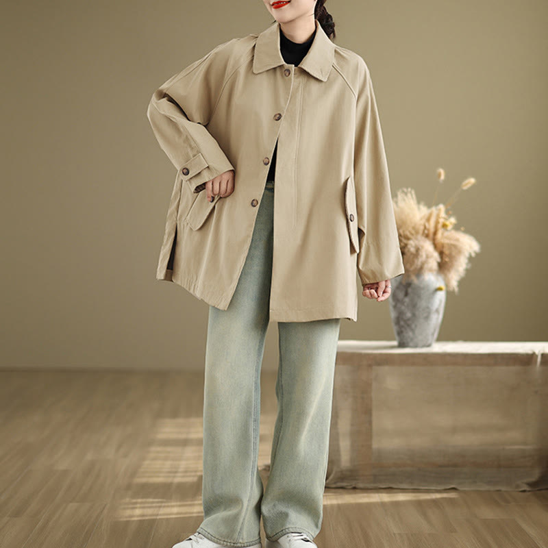 Buddha Stones Plain Patched Women's Long Sleeve Cargo Cotton Jacket With Pocket