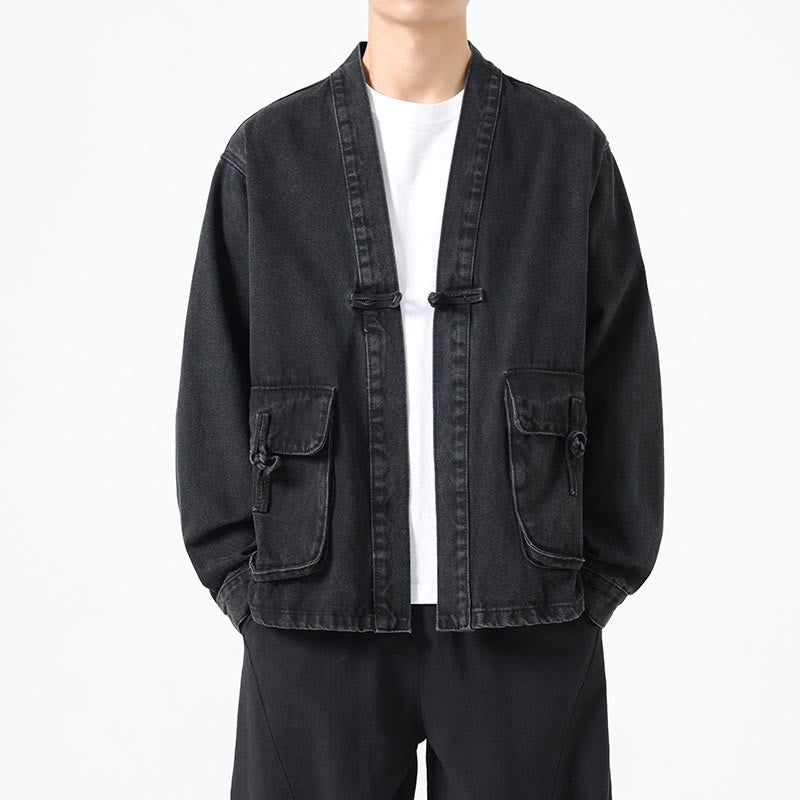 Buddha Stones Denim Button Design Men's Cotton Long Sleeve Jacket With Pockets