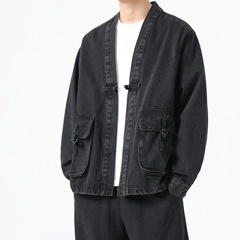 Buddha Stones Denim Button Design Men's Cotton Long Sleeve Jacket With Pockets