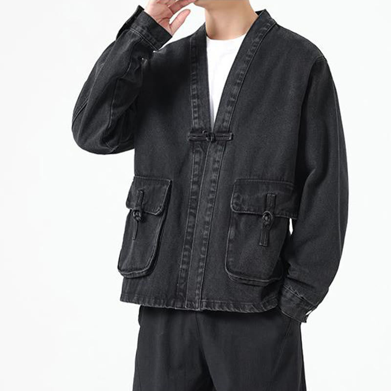 Buddha Stones Denim Button Design Men's Cotton Long Sleeve Jacket With Pockets