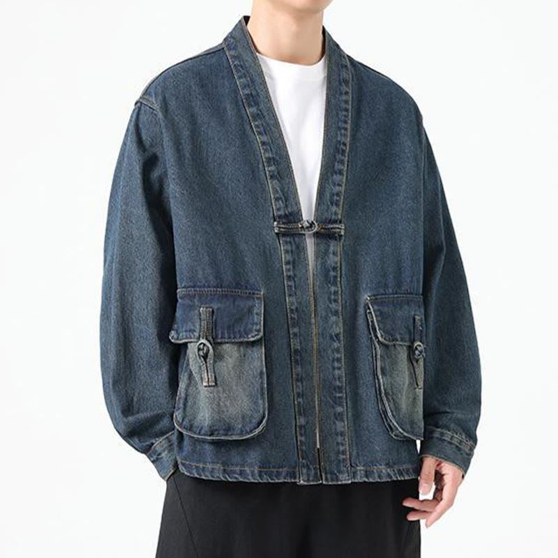 Buddha Stones Denim Button Design Men's Cotton Long Sleeve Jacket With Pockets