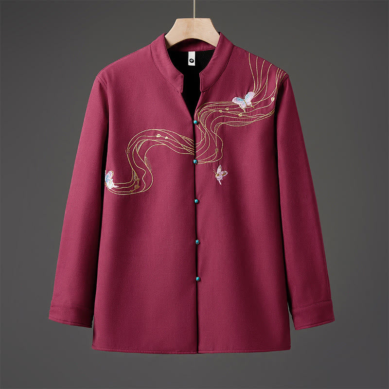 Buddha Stones Winter Embroidered Butterfly Ribbon Fleece-Lined Men's Cotton Long Sleeve Jacket