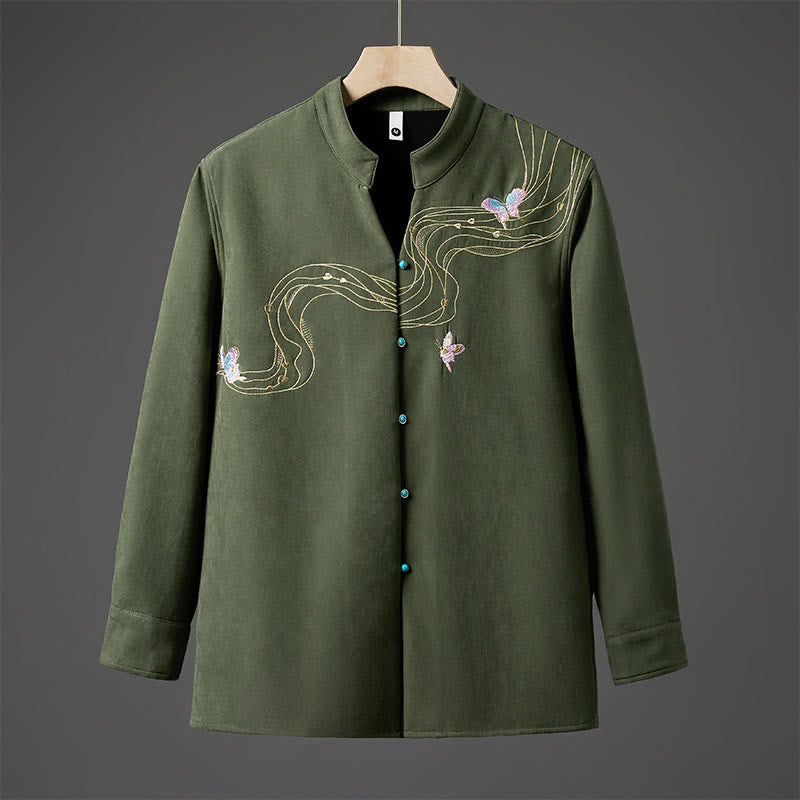 Buddha Stones Winter Embroidered Butterfly Ribbon Fleece-Lined Men's Cotton Long Sleeve Jacket