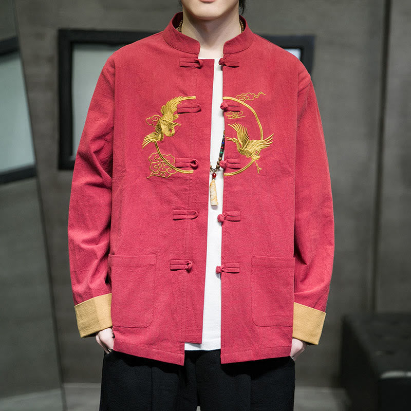 Buddha Stones Embroidered Cranes Auspicious Clouds Frog-Button Long Sleeve Cotton Linen Men's Shirt