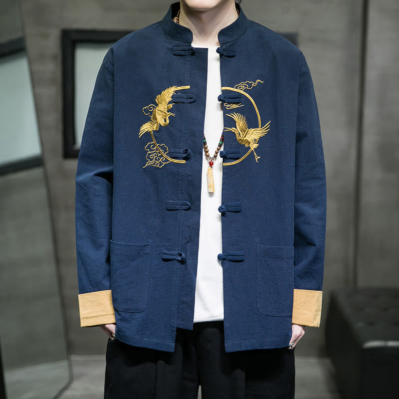 Buddha Stones Embroidered Cranes Auspicious Clouds Frog-Button Long Sleeve Cotton Linen Men's Shirt
