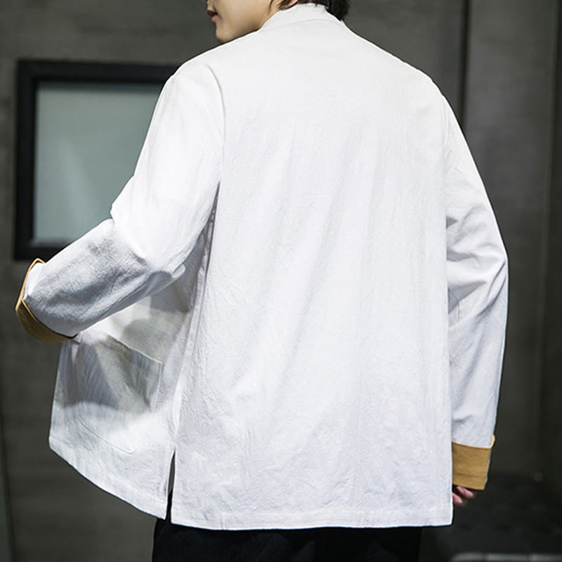 Buddha Stones Embroidered Cranes Auspicious Clouds Frog-Button Long Sleeve Cotton Linen Men's Shirt