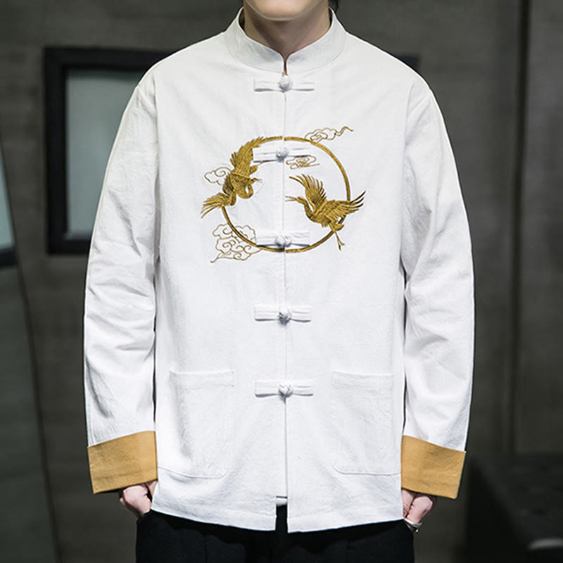 Buddha Stones Embroidered Cranes Auspicious Clouds Frog-Button Long Sleeve Cotton Linen Men's Shirt