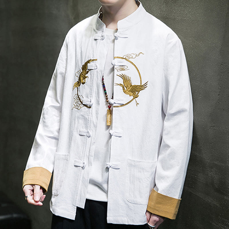 Buddha Stones Embroidered Cranes Auspicious Clouds Frog-Button Long Sleeve Cotton Linen Men's Shirt