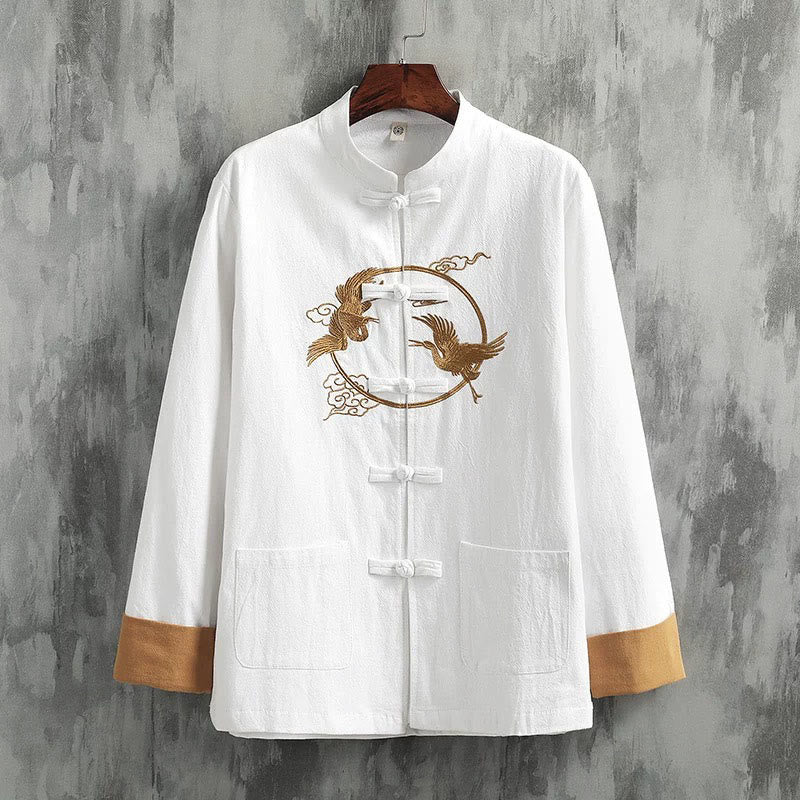 Buddha Stones Embroidered Cranes Auspicious Clouds Frog-Button Long Sleeve Cotton Linen Men's Shirt