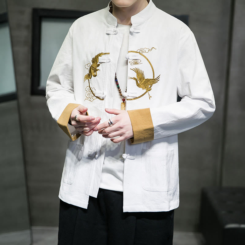 Buddha Stones Embroidered Cranes Auspicious Clouds Frog-Button Long Sleeve Cotton Linen Men's Shirt