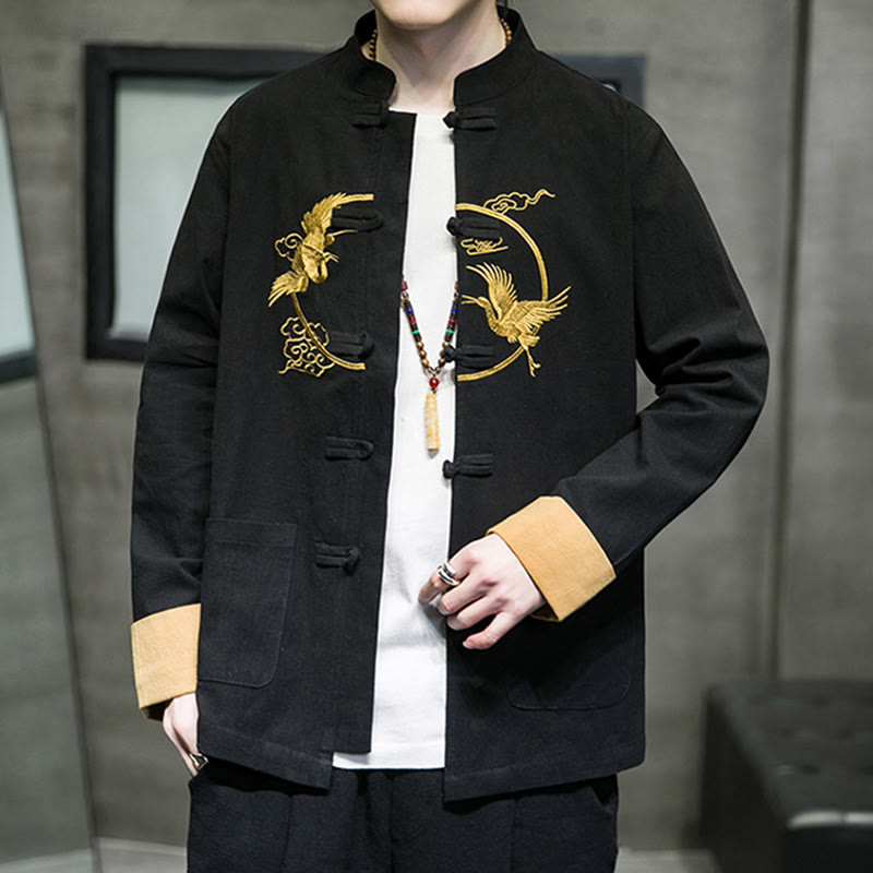 Buddha Stones Embroidered Cranes Auspicious Clouds Frog-Button Long Sleeve Cotton Linen Men's Shirt