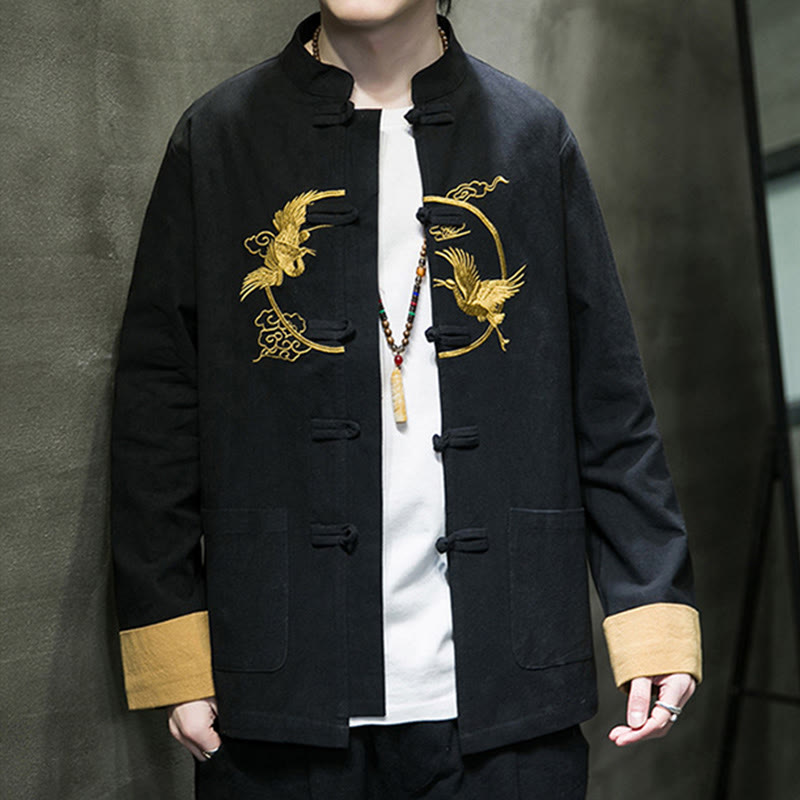 Buddha Stones Embroidered Cranes Auspicious Clouds Frog-Button Long Sleeve Cotton Linen Men's Shirt