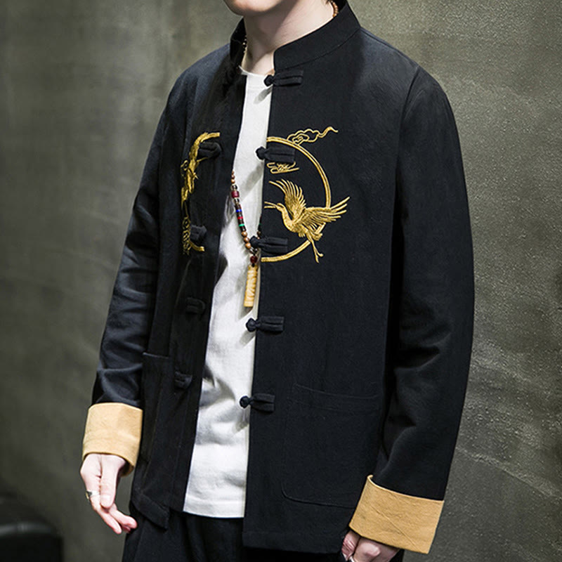 Buddha Stones Embroidered Cranes Auspicious Clouds Frog-Button Long Sleeve Cotton Linen Men's Shirt