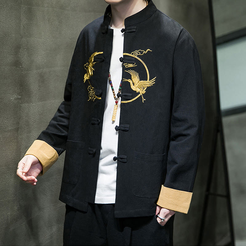 Buddha Stones Embroidered Cranes Auspicious Clouds Frog-Button Long Sleeve Cotton Linen Men's Shirt