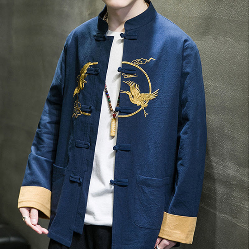 Buddha Stones Embroidered Cranes Auspicious Clouds Frog-Button Long Sleeve Cotton Linen Men's Shirt