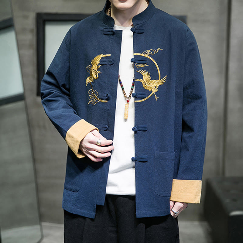 Buddha Stones Embroidered Cranes Auspicious Clouds Frog-Button Long Sleeve Cotton Linen Men's Shirt