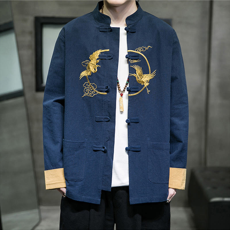 Buddha Stones Embroidered Cranes Auspicious Clouds Frog-Button Long Sleeve Cotton Linen Men's Shirt