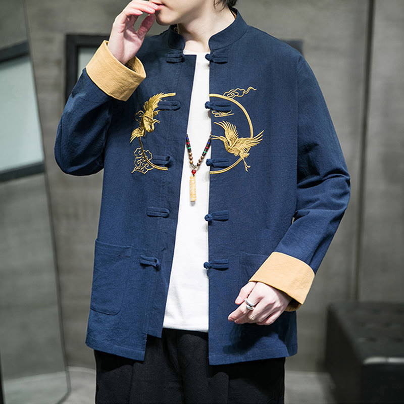 Buddha Stones Embroidered Cranes Auspicious Clouds Frog-Button Long Sleeve Cotton Linen Men's Shirt