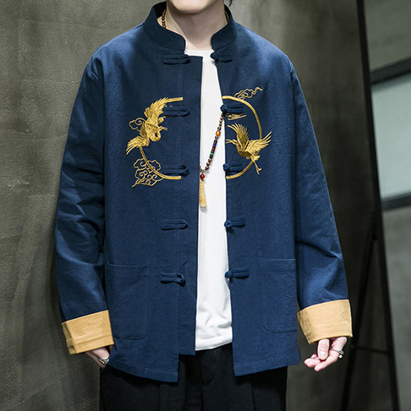 Buddha Stones Embroidered Cranes Auspicious Clouds Frog-Button Long Sleeve Cotton Linen Men's Shirt