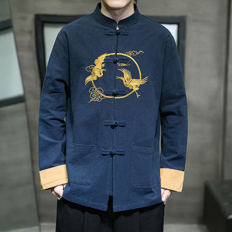 Buddha Stones Embroidered Cranes Auspicious Clouds Frog-Button Long Sleeve Cotton Linen Men's Shirt