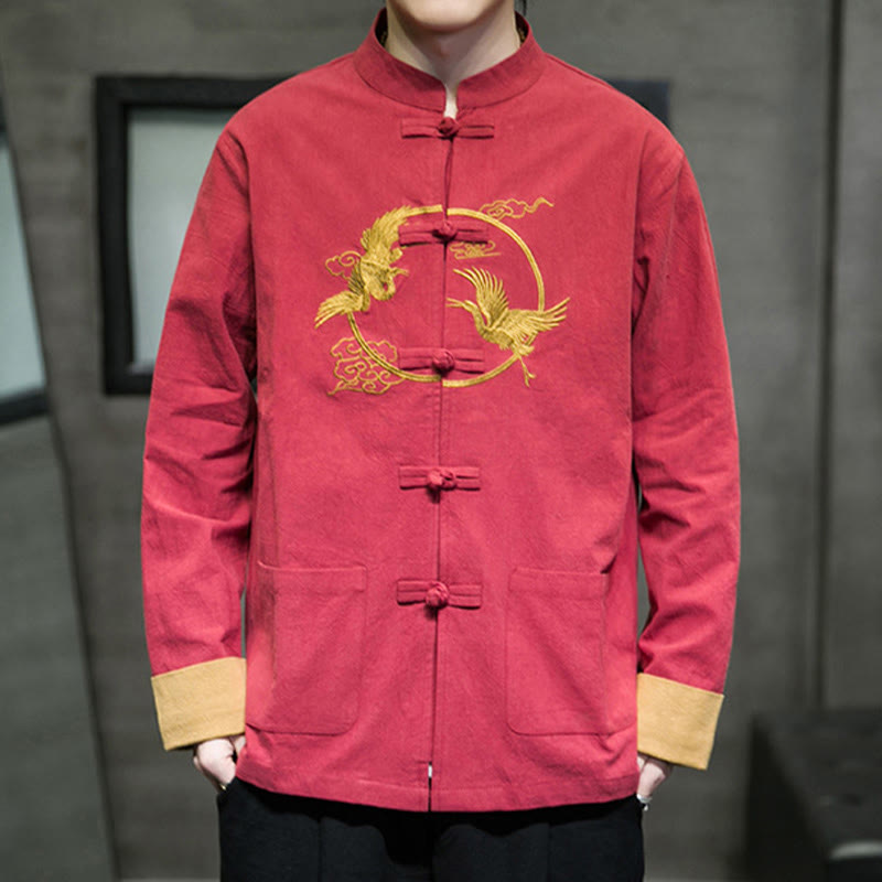 Buddha Stones Embroidered Cranes Auspicious Clouds Frog-Button Long Sleeve Cotton Linen Men's Shirt
