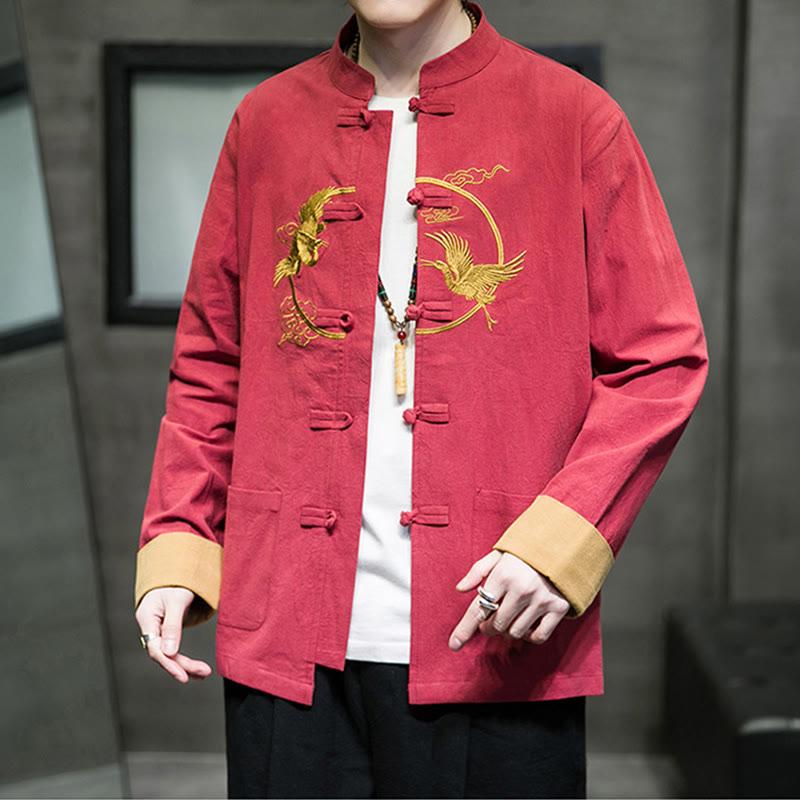 Buddha Stones Embroidered Cranes Auspicious Clouds Frog-Button Long Sleeve Cotton Linen Men's Shirt
