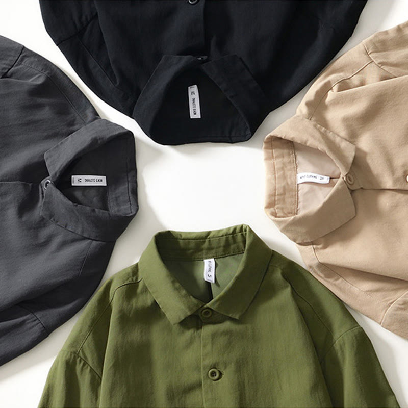 Buddha Stones Fall Solid Long Sleeve Buttons Down Men Cotton Shirt With Pockets