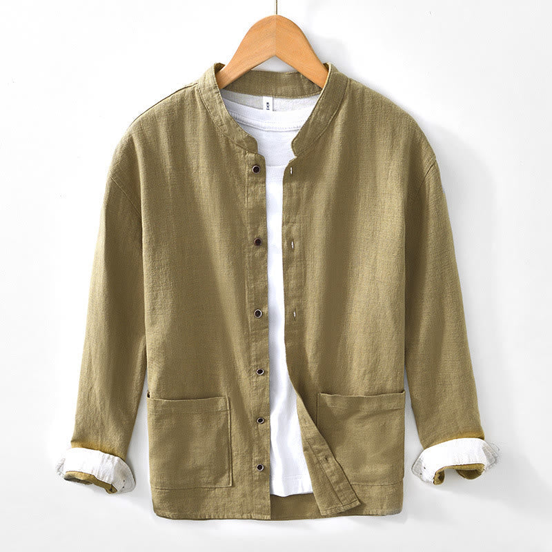Buddha Stones Fall Solid Long Sleeve Buttons Men's Ramie Cotton Shirt With Pockets