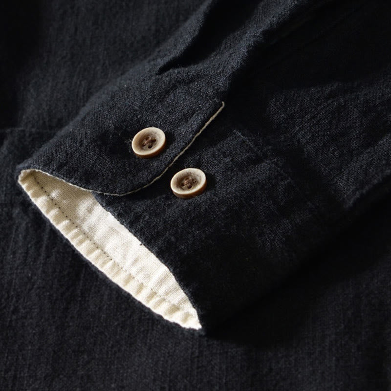 Buddha Stones Fall Solid Long Sleeve Buttons Men's Ramie Cotton Shirt With Pockets