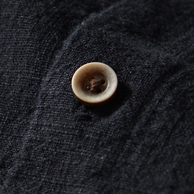 Buddha Stones Fall Solid Long Sleeve Buttons Men's Ramie Cotton Shirt With Pockets