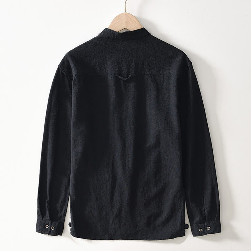 Buddha Stones Fall Solid Long Sleeve Buttons Men's Ramie Cotton Shirt With Pockets