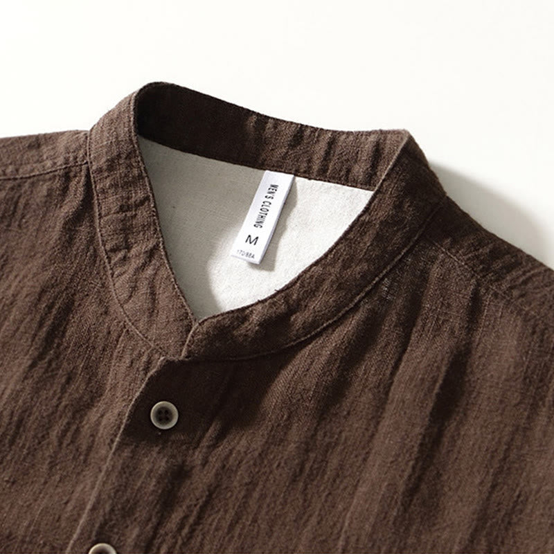 Buddha Stones Fall Solid Long Sleeve Buttons Men's Ramie Cotton Shirt With Pockets