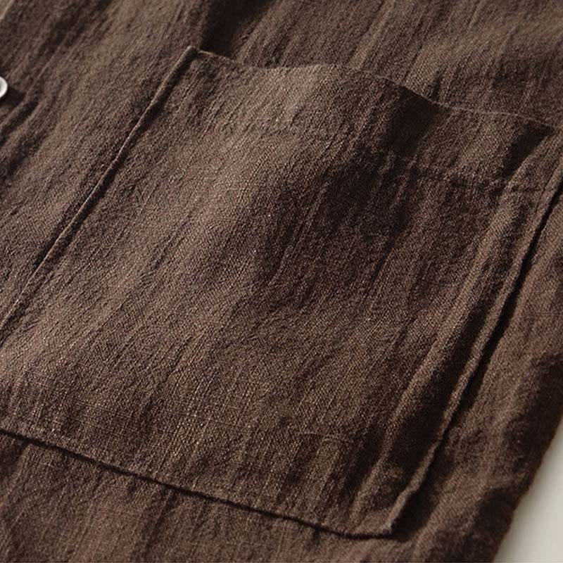 Buddha Stones Fall Solid Long Sleeve Buttons Men's Ramie Cotton Shirt With Pockets