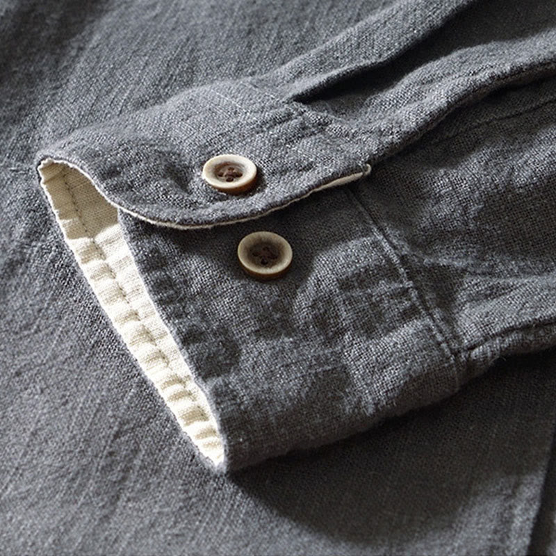 Buddha Stones Fall Solid Long Sleeve Buttons Men's Ramie Cotton Shirt With Pockets