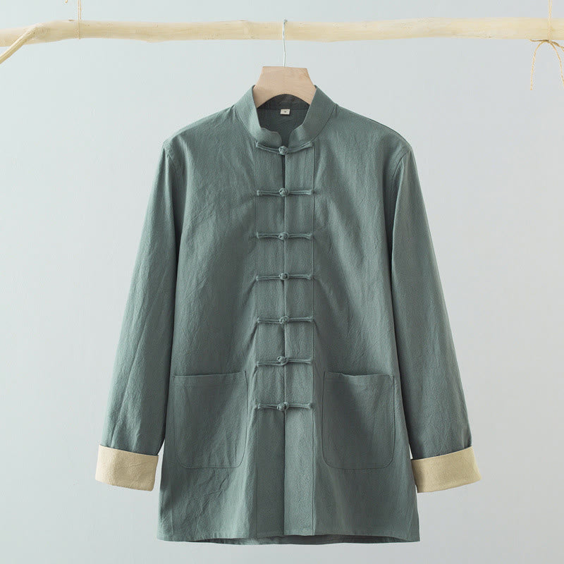 Buddha Stones Solid Long Sleeve Frog-Button Design Cotton Men's Shirt