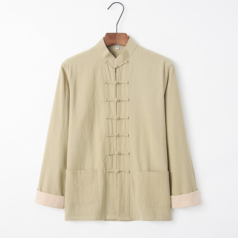 Buddha Stones Solid Long Sleeve Frog-Button Design Cotton Men's Shirt