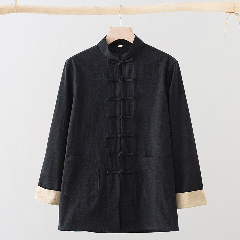 Buddha Stones Solid Long Sleeve Frog-Button Design Cotton Men's Shirt