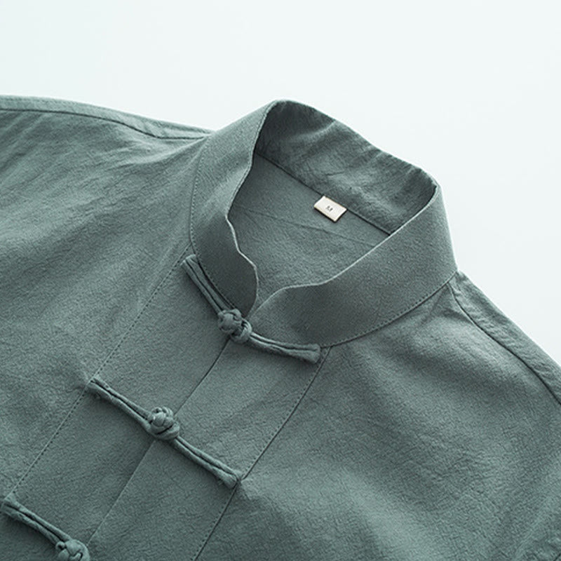 Buddha Stones Solid Long Sleeve Frog-Button Design Cotton Men's Shirt