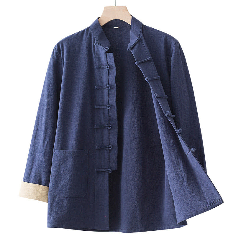 Buddha Stones Solid Long Sleeve Frog-Button Design Cotton Men's Shirt
