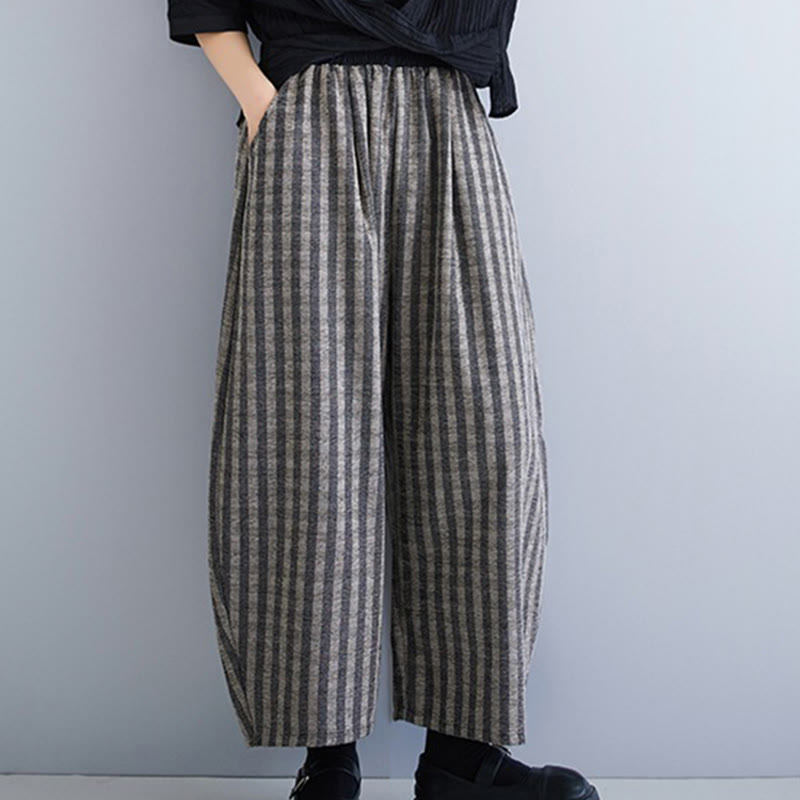 Buddha Stones Casual 7-8 Length Corduroy Stripes Women's Polyester Wide Leg Pants With Pockets