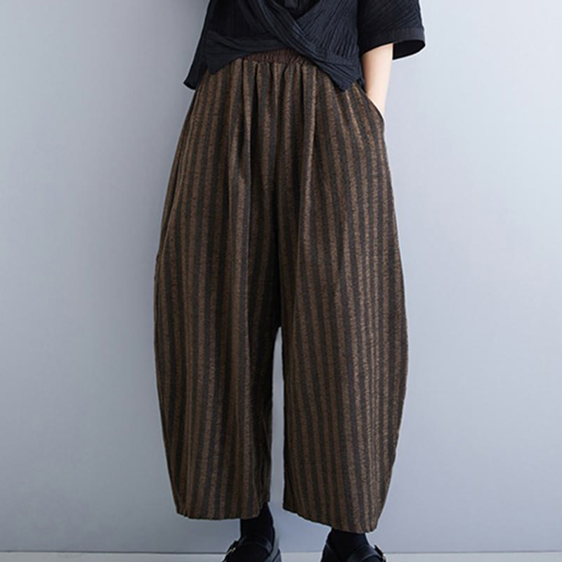 Buddha Stones Casual 7-8 Length Corduroy Stripes Women's Polyester Wide Leg Pants With Pockets