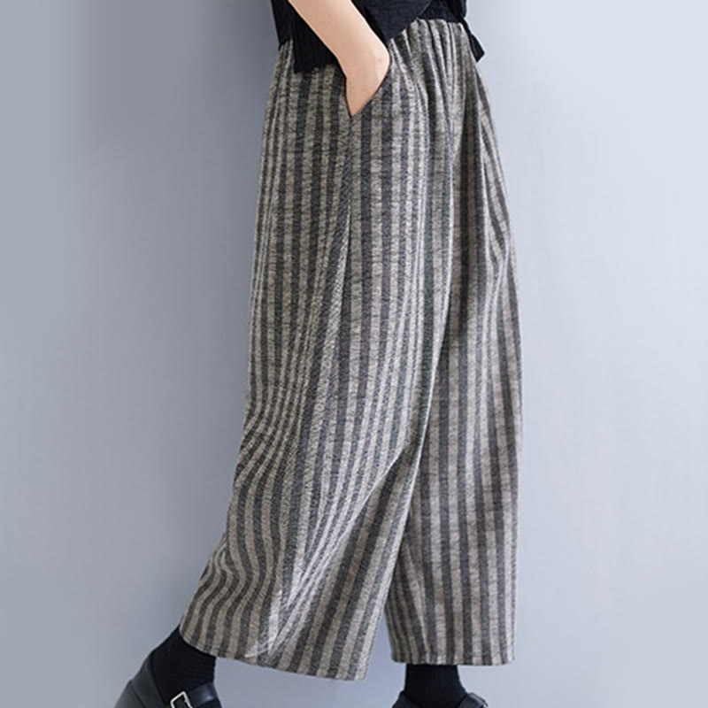 Buddha Stones Casual 7-8 Length Corduroy Stripes Women's Polyester Wide Leg Pants With Pockets
