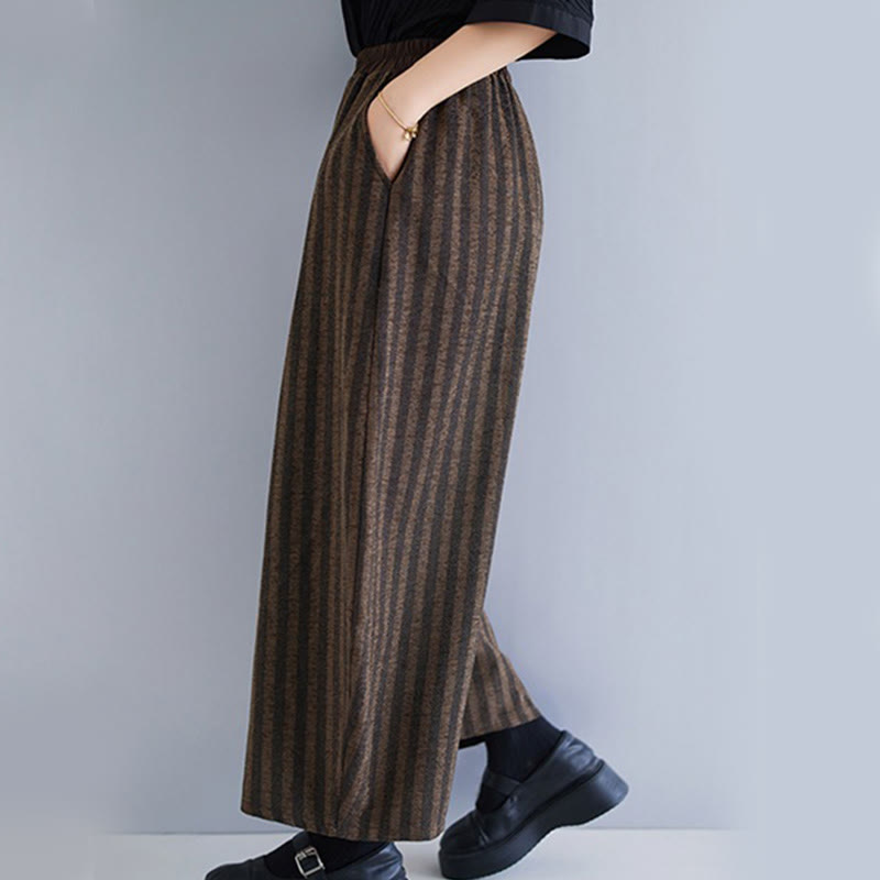 Buddha Stones Casual 7-8 Length Corduroy Stripes Women's Polyester Wide Leg Pants With Pockets