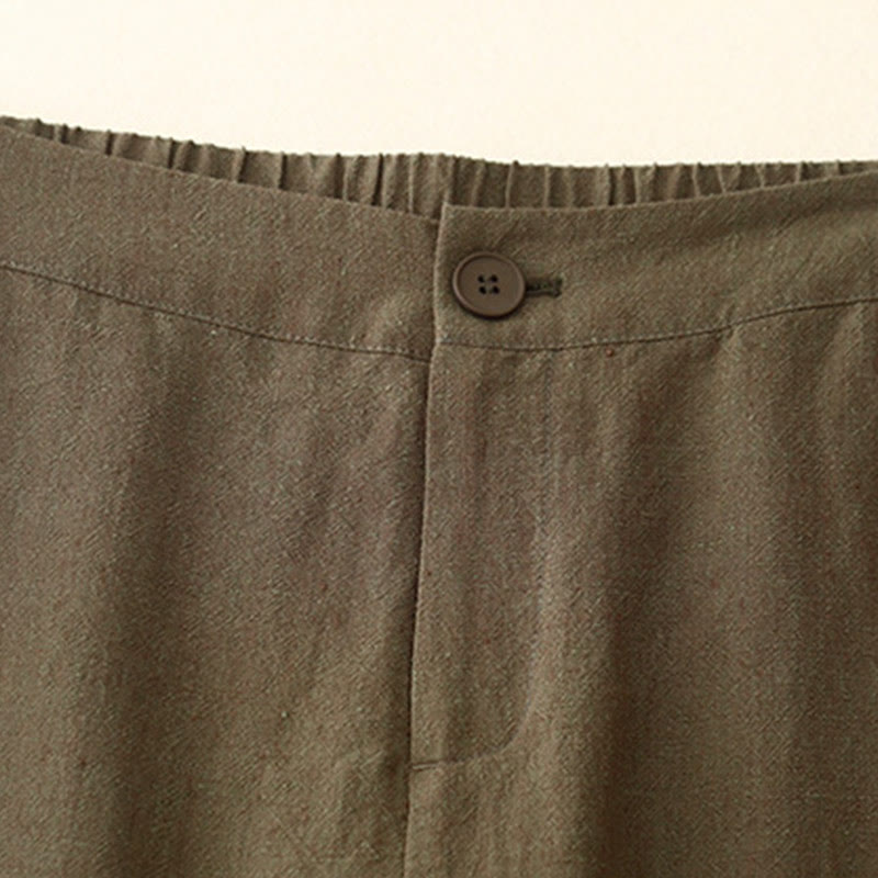 Buddha Stones Casual Plain Women's Cotton Linen Elastic Waist Wide Leg Pants With Pockets