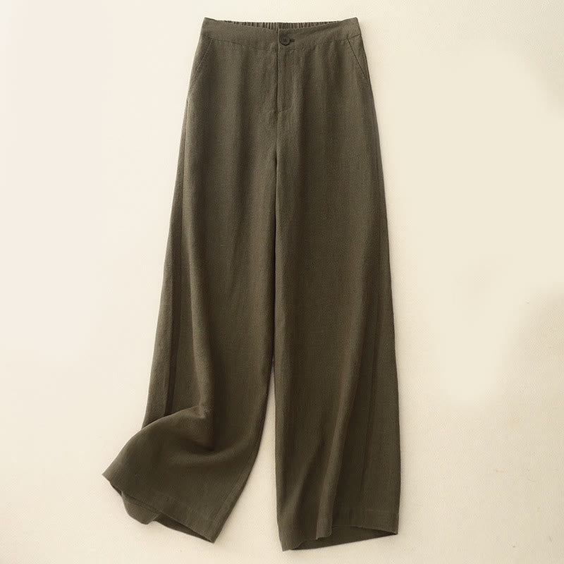 Buddha Stones Casual Plain Women's Cotton Linen Elastic Waist Wide Leg Pants With Pockets