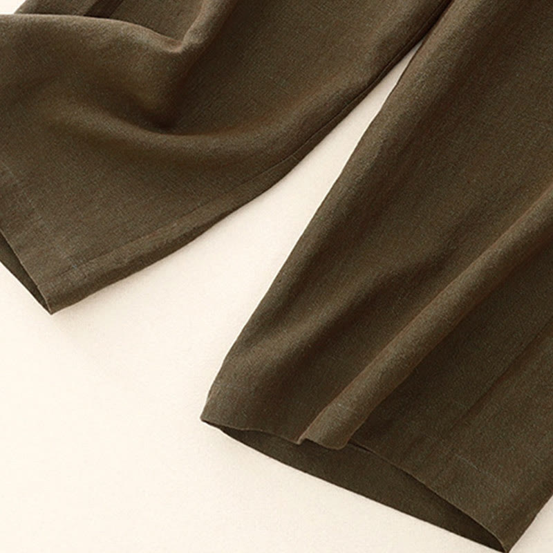 Buddha Stones Casual Plain Women's Cotton Linen Elastic Waist Wide Leg Pants With Pockets