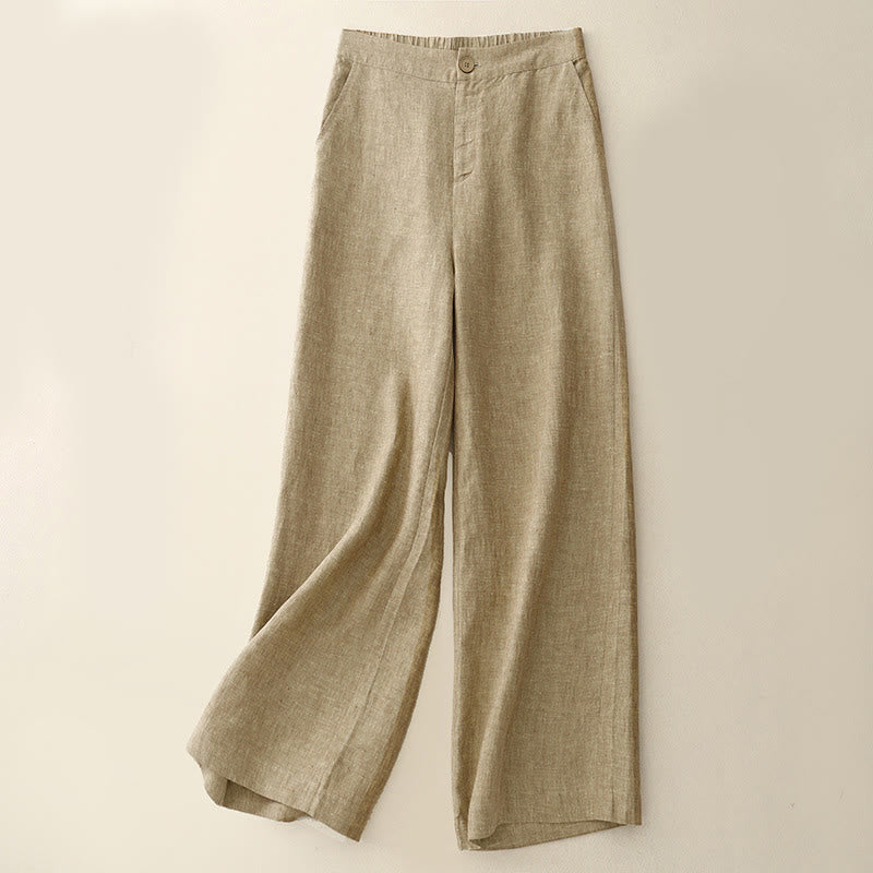 Buddha Stones Casual Plain Women's Cotton Linen Elastic Waist Wide Leg Pants With Pockets